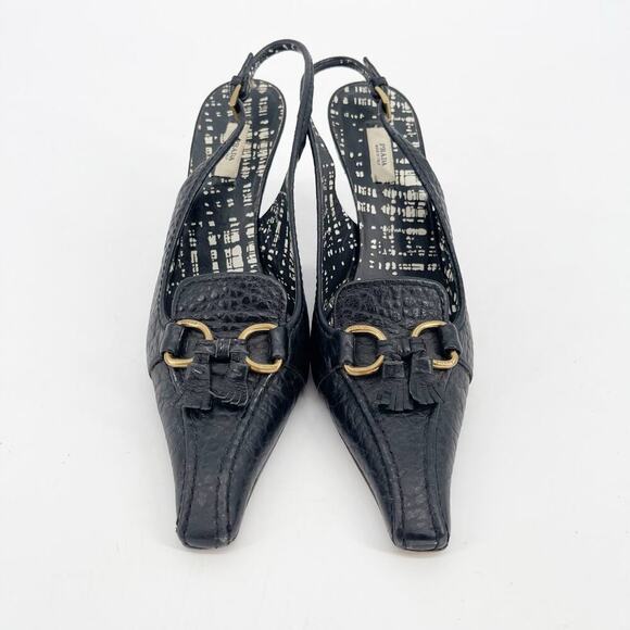 Retro Prada Black Pebbled Leather Fringe Detail Square Toe Slingback Heel IT 37 - Picture 5 of 12